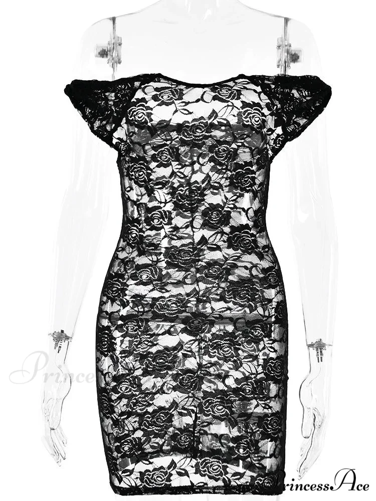 Transparent Lace Floral Off-The-Shoulder Body-Hugging Mini Floral Dress - Image 4