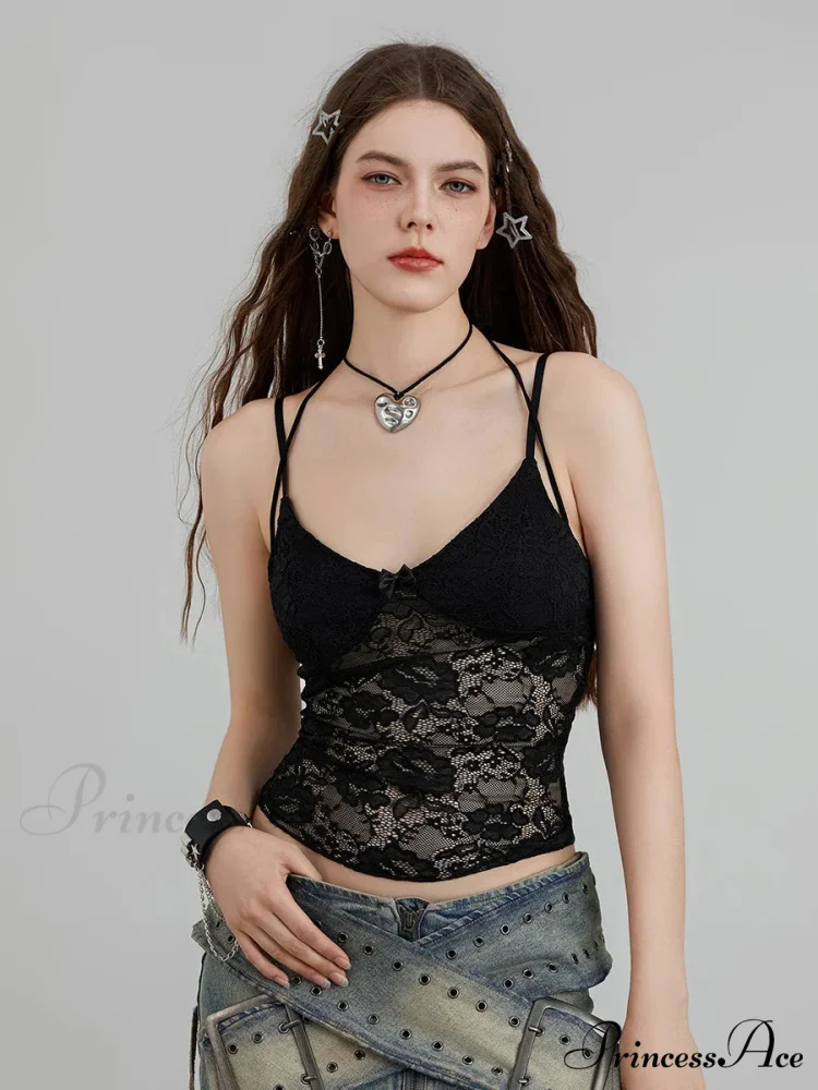 Transparent Lace Flowery Halter Bind-up Nightspot Camisole Top - Image 2