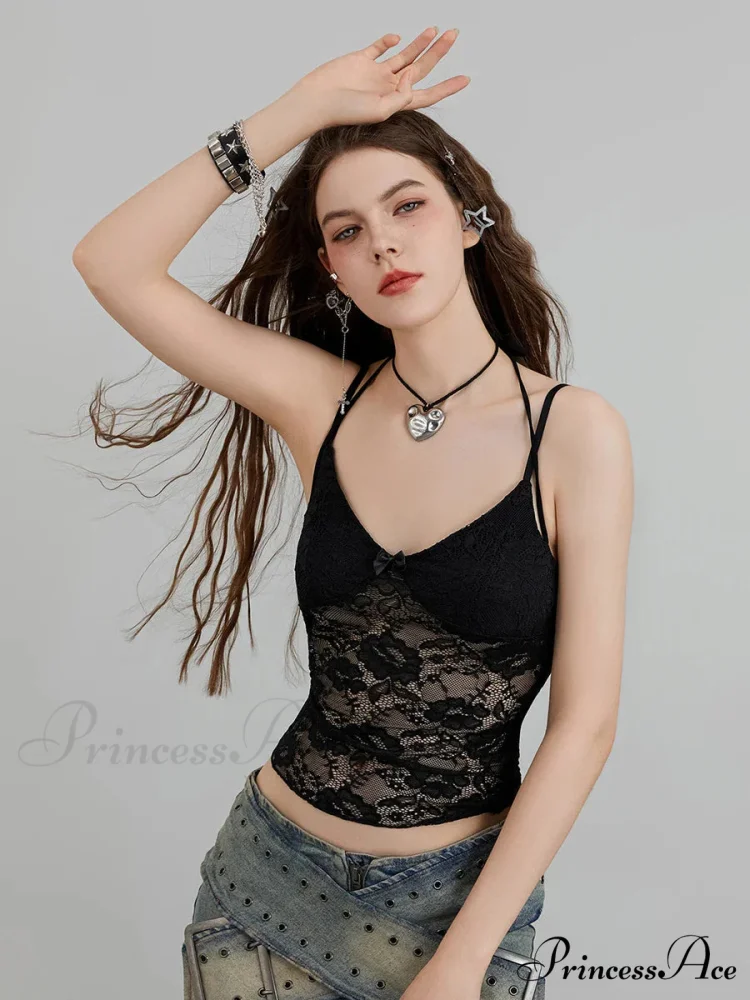 Transparent Lace Flowery Halter Bind-up Nightspot Camisole Top - Image 3