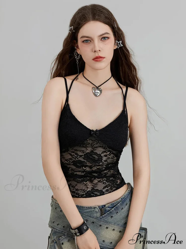 Transparent Lace Flowery Halter Bind-up Nightspot Camisole Top - Image 4