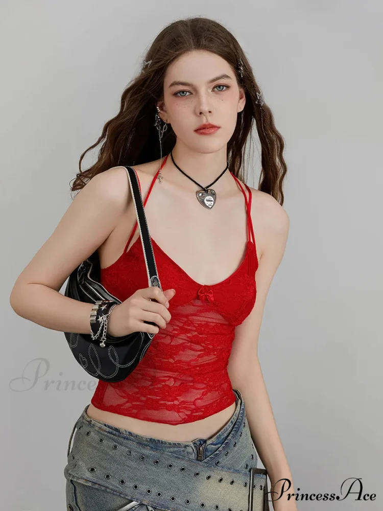 Transparent Lace Flowery Halter Bind-up Nightspot Camisole Top - Image 5