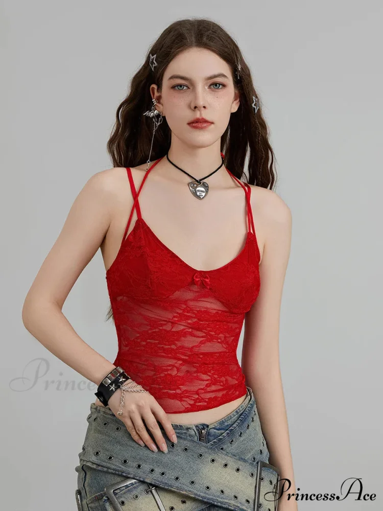 Transparent Lace Flowery Halter Bind-up Nightspot Camisole Top - Image 7