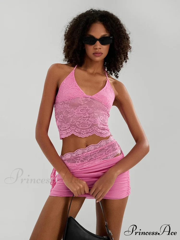 Transparent Lace Halter Crop Top Uneven Skirt Ensemble - Image 2