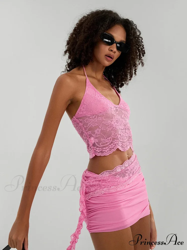 Transparent Lace Halter Crop Top Uneven Skirt Ensemble - Image 4
