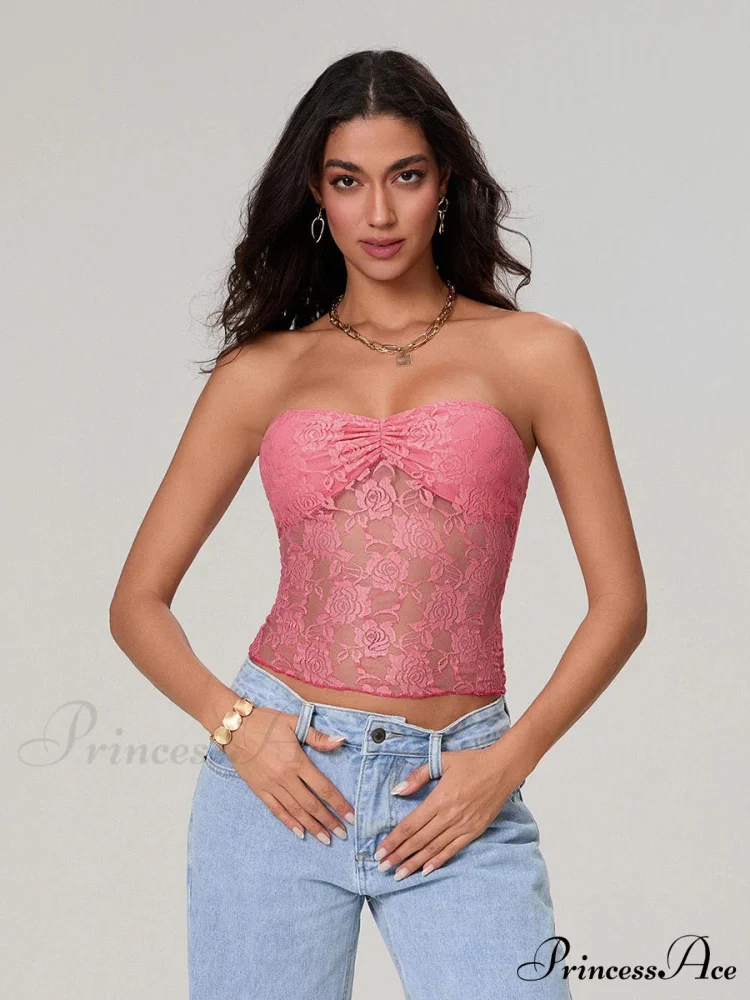 Transparent Lace Off-the-shoulder Sleeveless Deep V Bandeau Top - Image 10