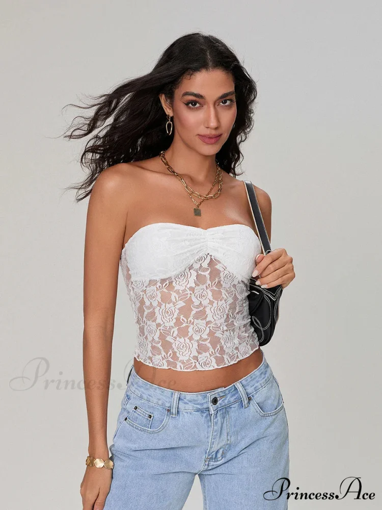 Transparent Lace Off-the-shoulder Sleeveless Deep V Bandeau Top - Image 12