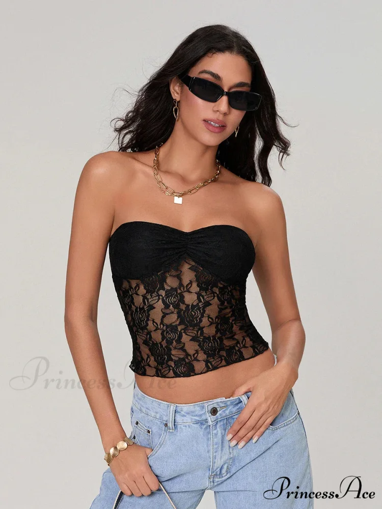 Transparent Lace Off-the-shoulder Sleeveless Deep V Bandeau Top - Image 2