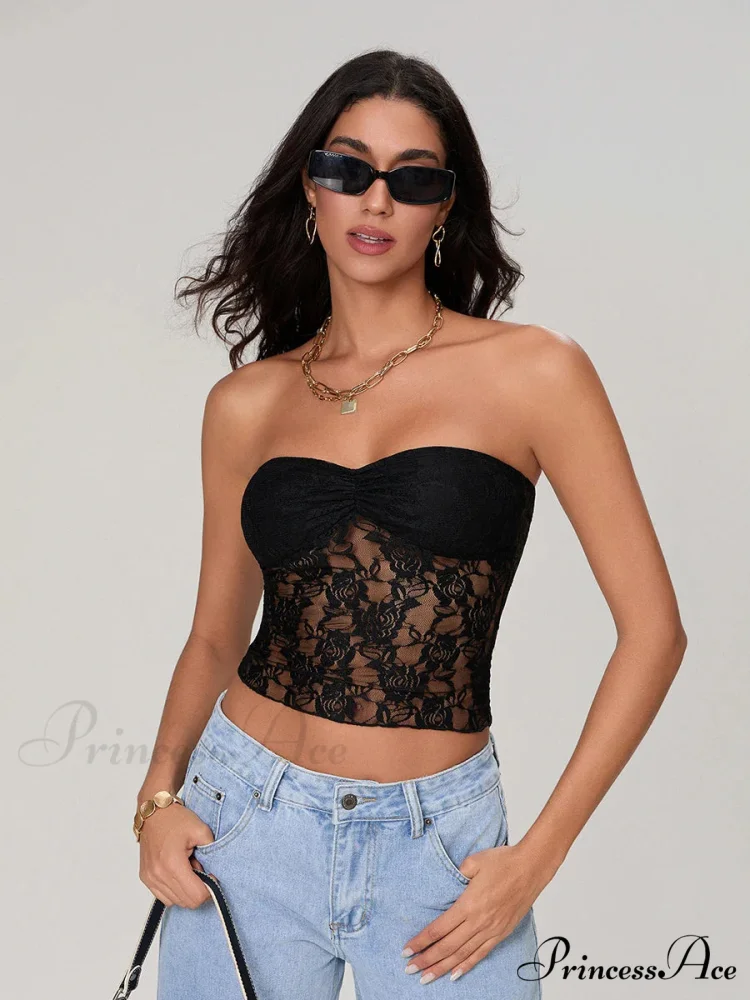 Transparent Lace Off-the-shoulder Sleeveless Deep V Bandeau Top - Image 7