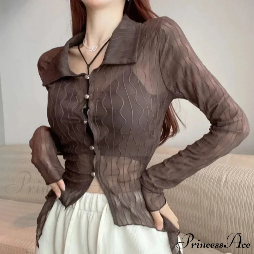 Transparent Long Sleeve Fold-down Collar Shirt - Image 2