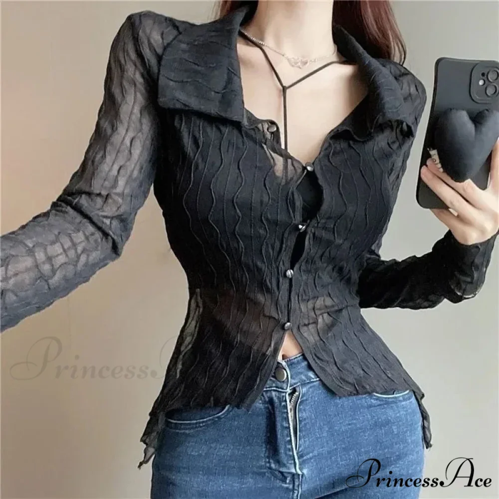 Transparent Long Sleeve Fold-down Collar Shirt - Image 5