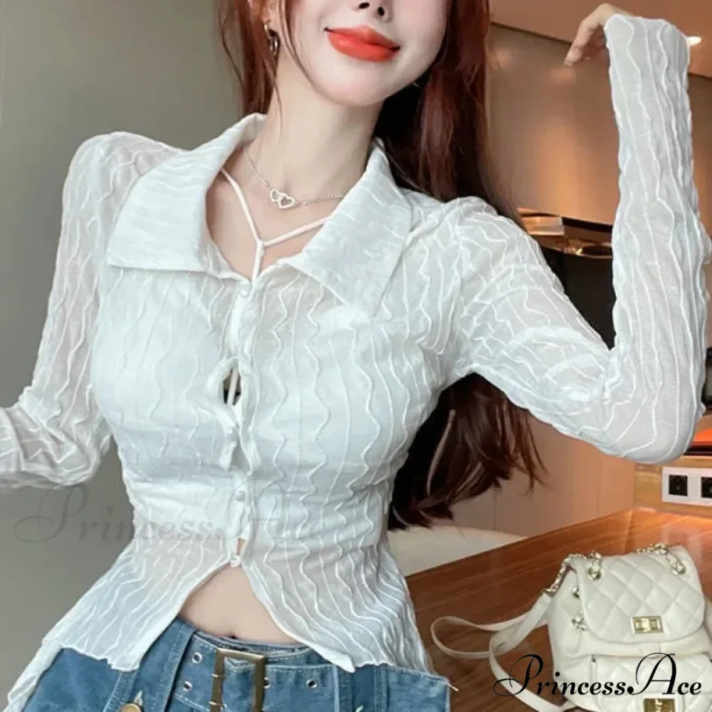 Transparent Long Sleeve Fold-down Collar Shirt - Image 6