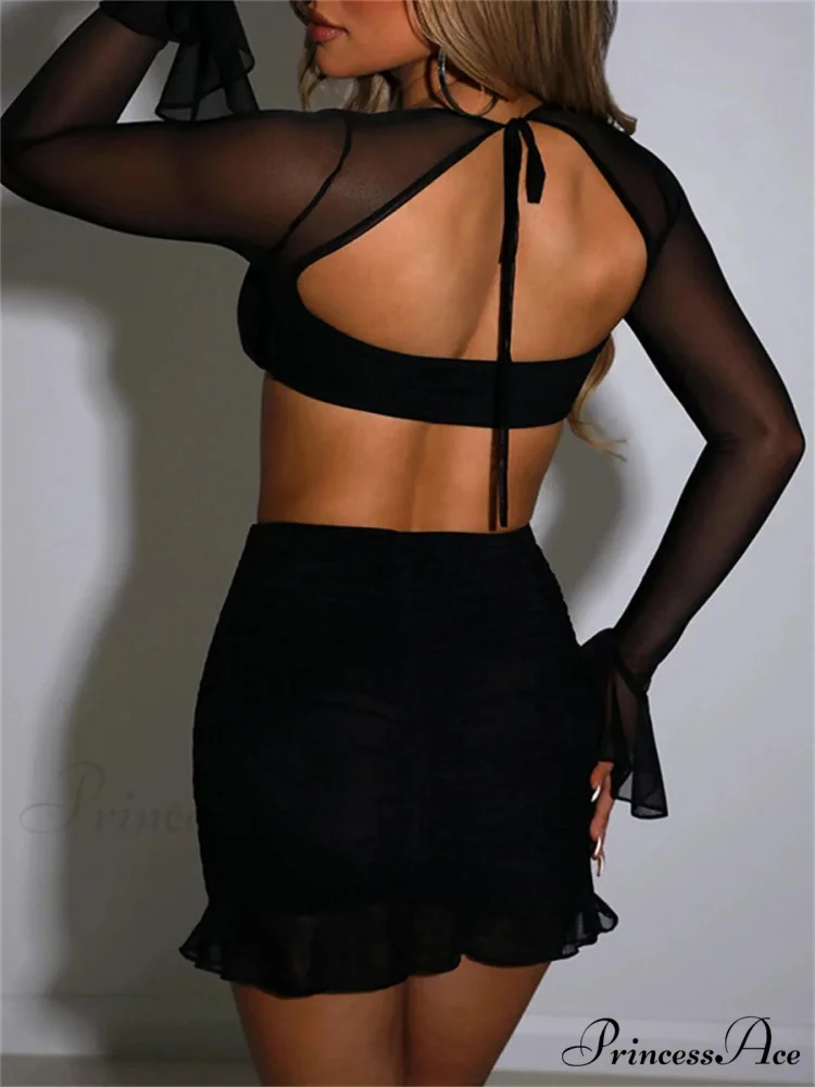 Transparent Mesh Frill Two-piece Crop Top Mini Skirt Set - Image 4