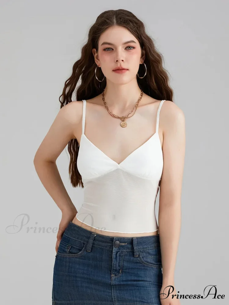 Transparent Net Backless Thin Strap V-neck Crop Top - Image 2