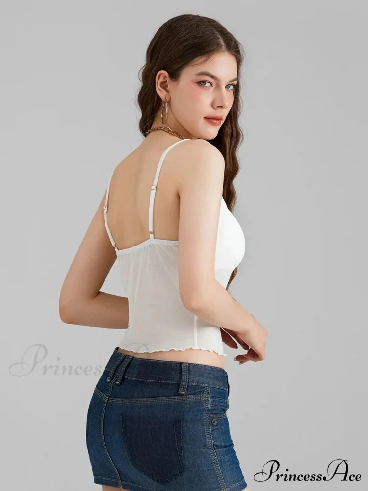 Transparent Net Backless Thin Strap V-neck Crop Top - Image 3