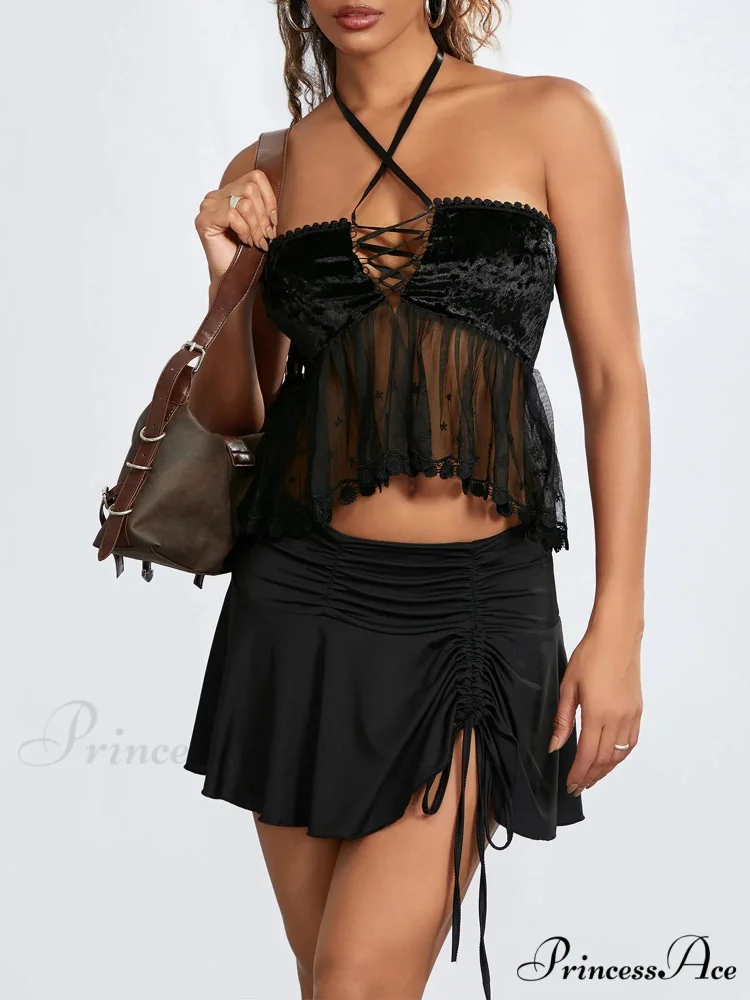 Transparent Net Halter Bind-up Strapless Open-back Bandeau - Image 2