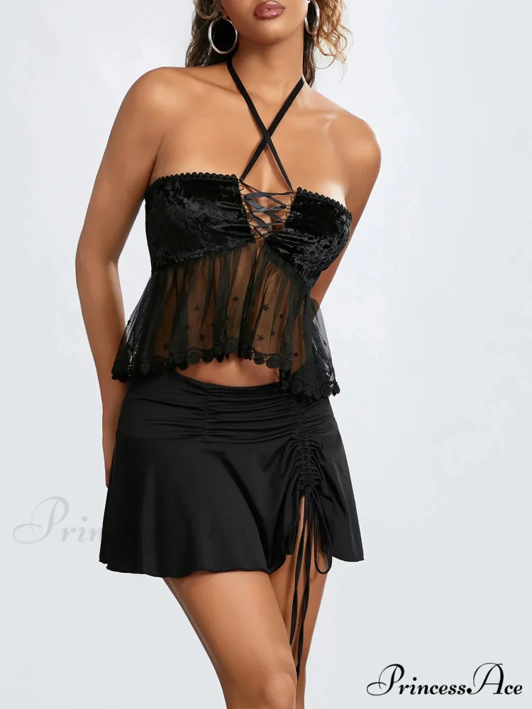 Transparent Net Halter Bind-up Strapless Open-back Bandeau - Image 3