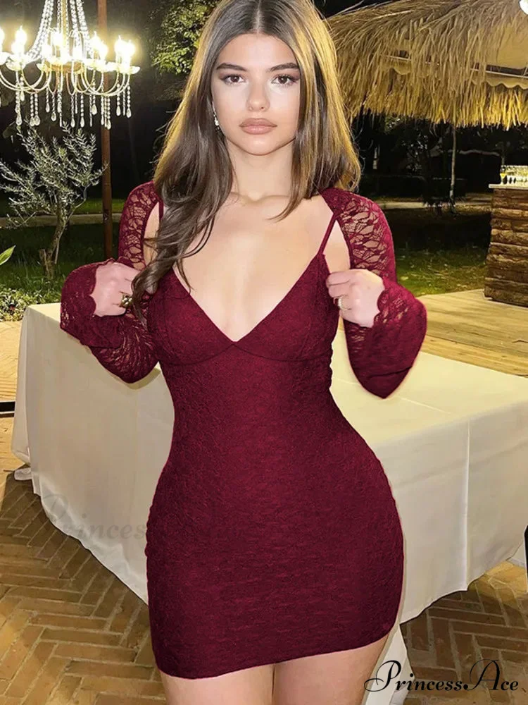 Transparent Plunging Neckline Patchwork Short Dress - Image 5
