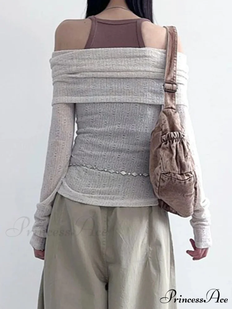 Transparent Printed Slash Neck Extended Sleeve Knit Top - Image 2