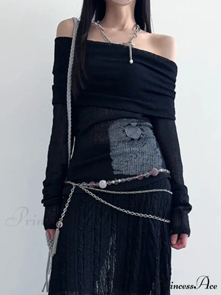Transparent Printed Slash Neck Extended Sleeve Knit Top - Image 3