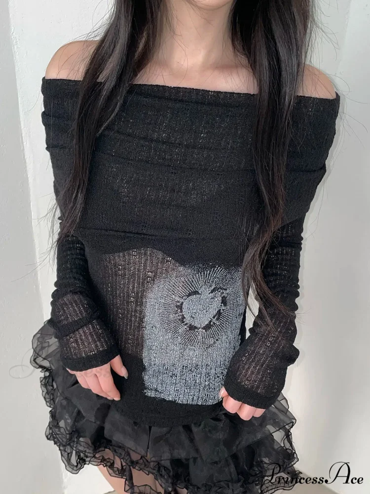 Transparent Printed Slash Neck Extended Sleeve Knit Top - Image 4
