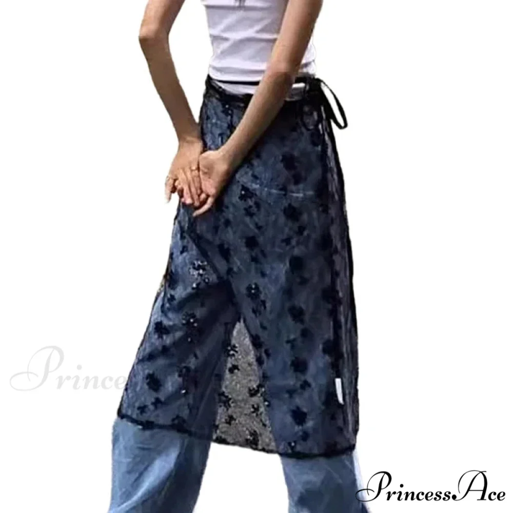 Transparent Sparkling Flower Lace Long Apron Skirt - Image 5