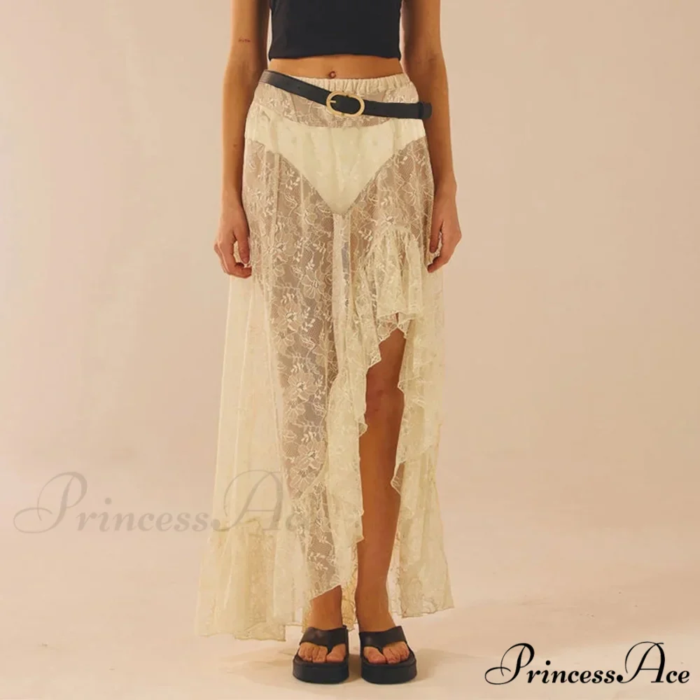 Transparent Stretchy High Waist Frilly Uneven Lace Skirt - Image 3