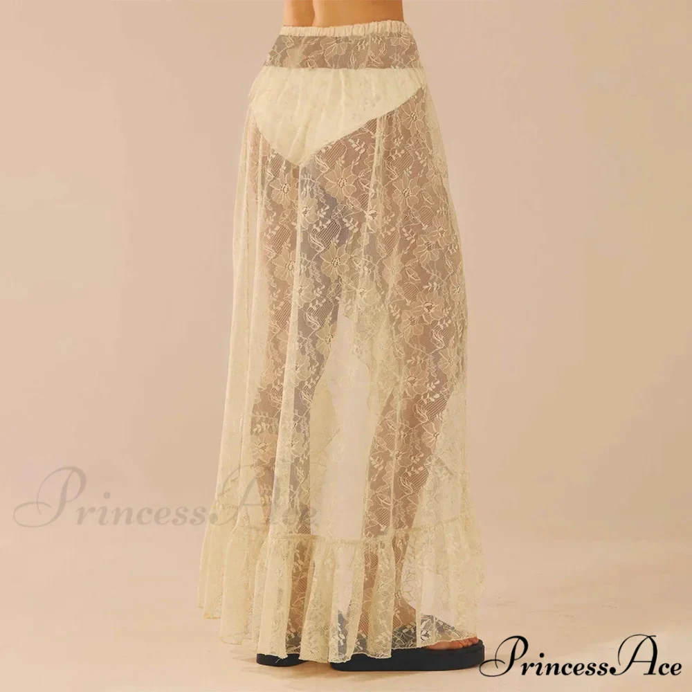 Transparent Stretchy High Waist Frilly Uneven Lace Skirt - Image 5