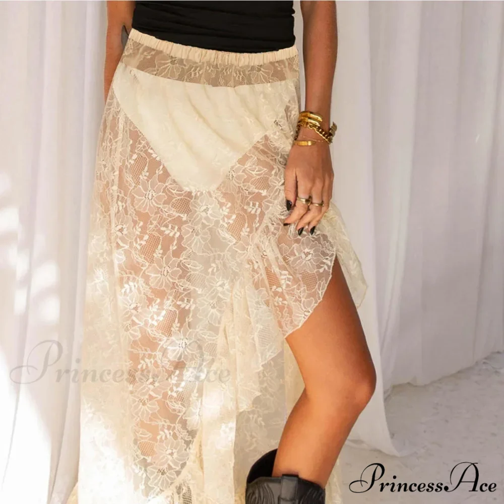 Transparent Stretchy High Waist Frilly Uneven Lace Skirt - Image 6