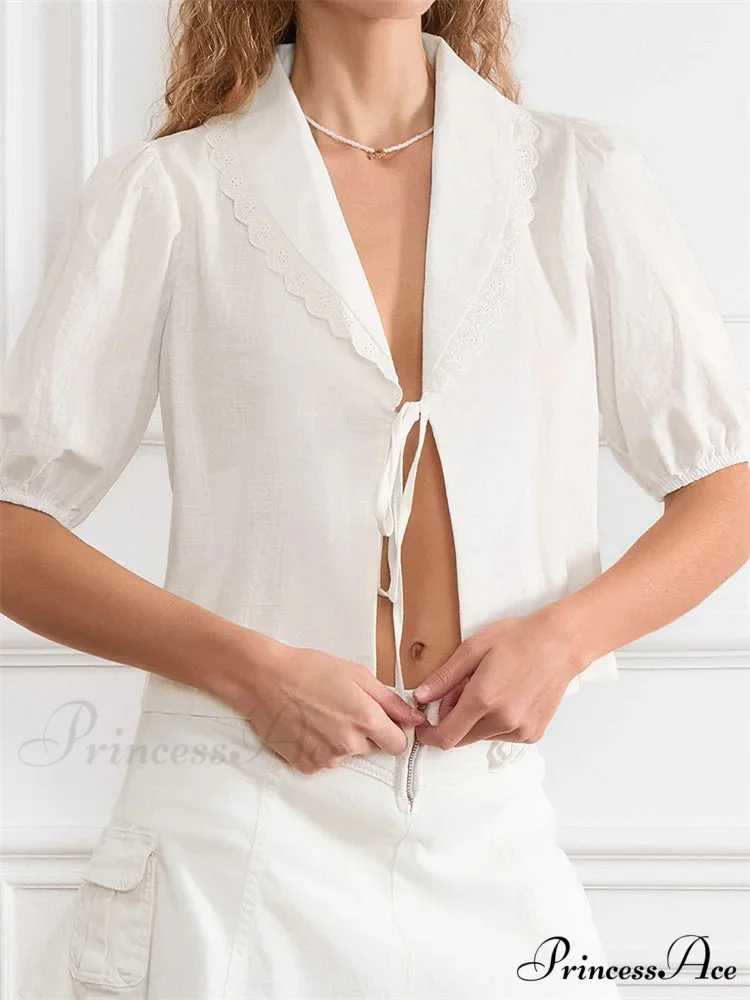 Trim Front Bind-Up V-neck Blouse - Image 3