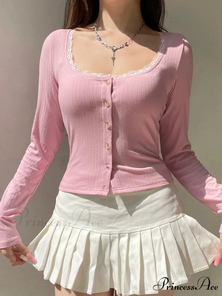 Trimmed Cropped Sleek Square Collar Long Sleeve Knit Top - Image 2