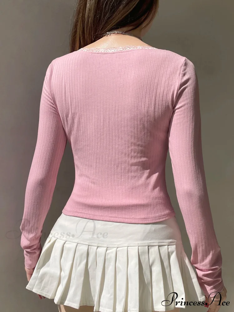 Trimmed Cropped Sleek Square Collar Long Sleeve Knit Top - Image 3