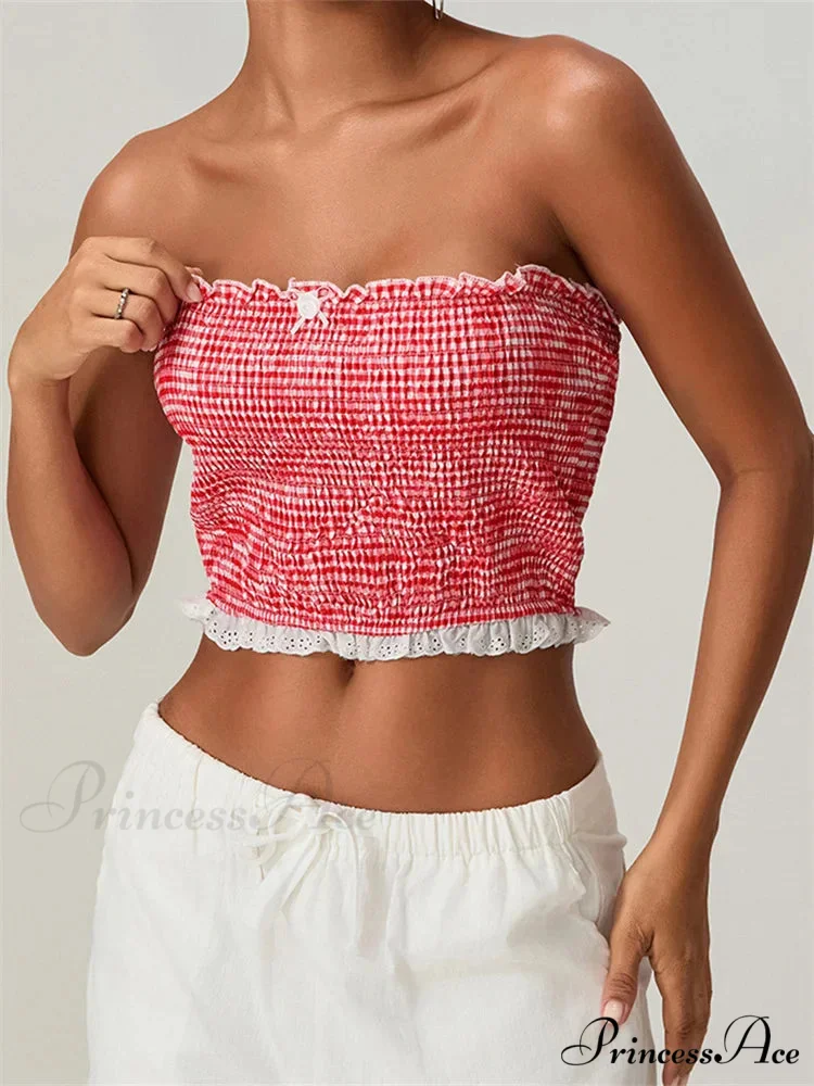 Tube Arch Lace Trim Gathered Plaid Crop Top - Image 2