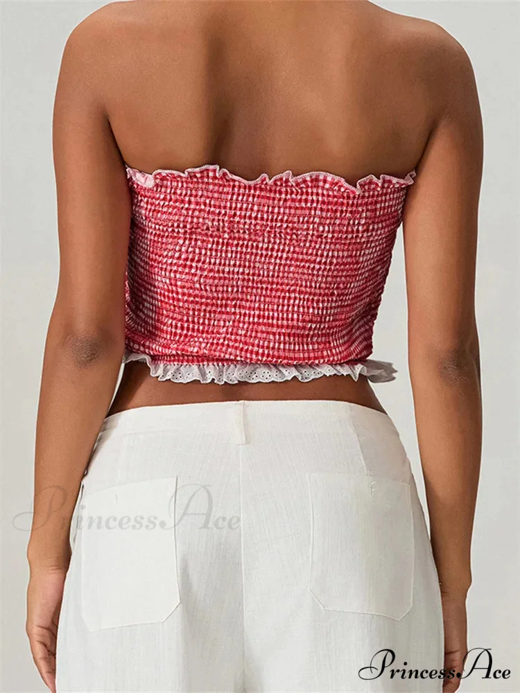 Tube Arch Lace Trim Gathered Plaid Crop Top - Image 3