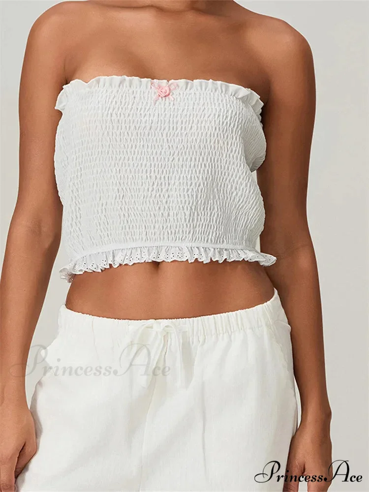 Tube Arch Lace Trim Gathered Plaid Crop Top - Image 4