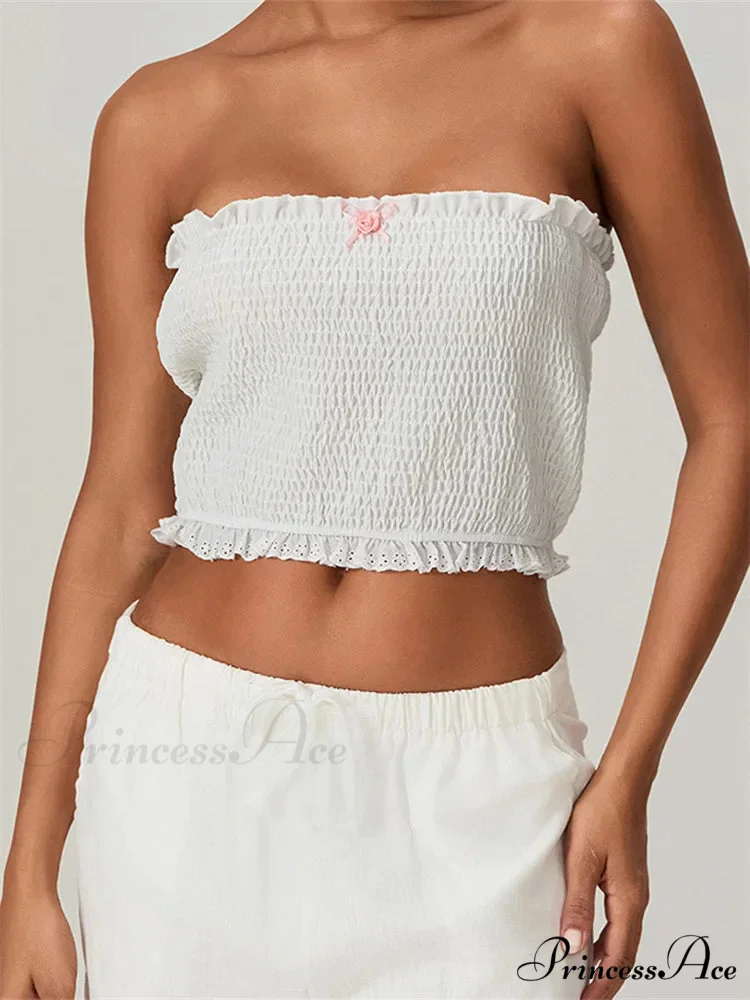 Tube Arch Lace Trim Gathered Plaid Crop Top - Image 5