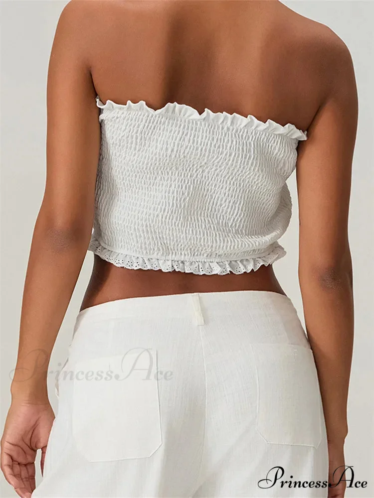 Tube Arch Lace Trim Gathered Plaid Crop Top - Image 6