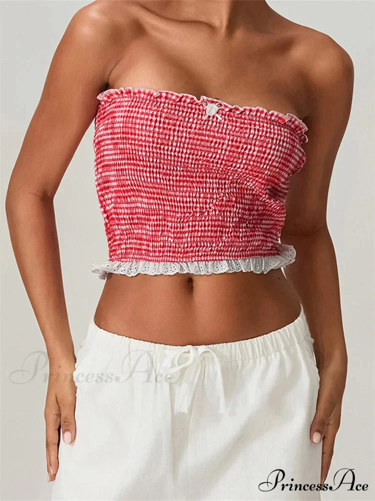 Tube Arch Lace Trim Gathered Plaid Crop Top - Image 7