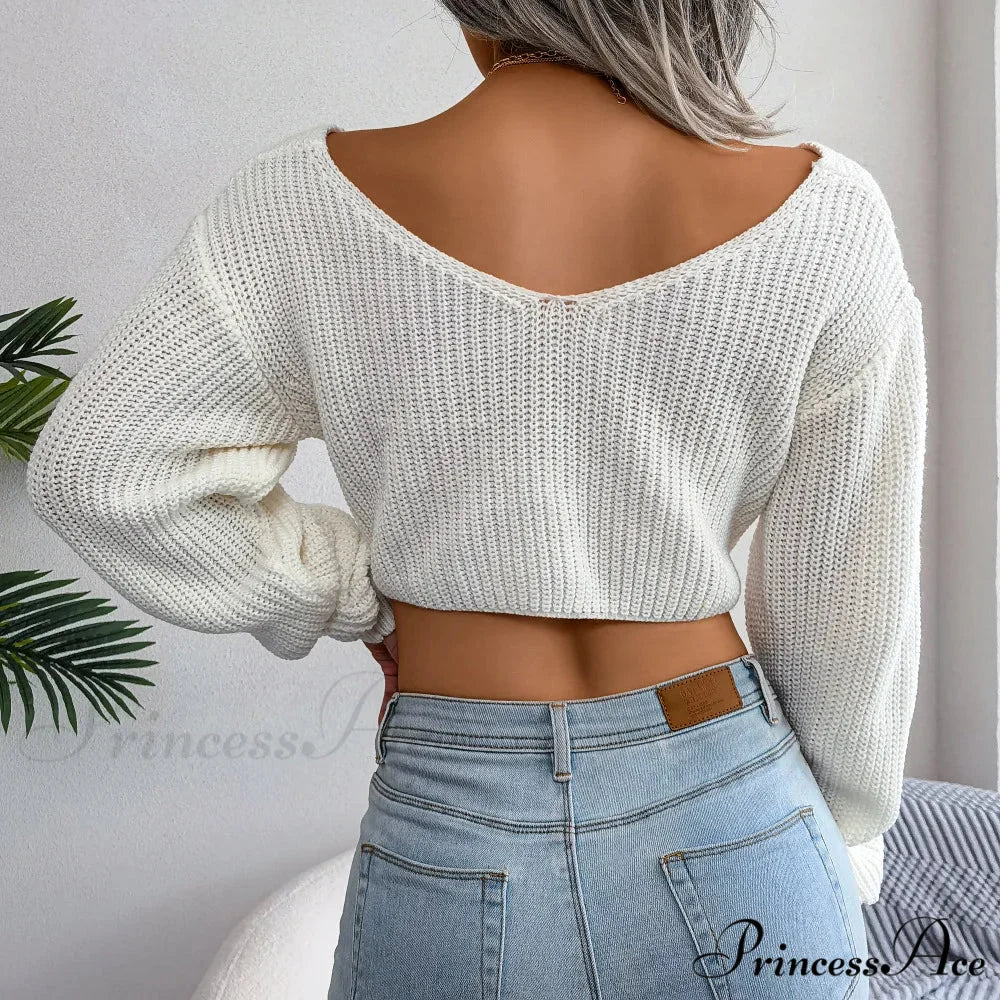 Twist Front Deep Neck Crop Sweater - Image 2