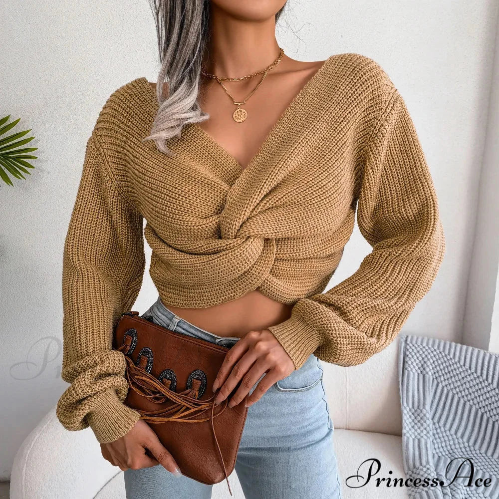 Twist Front Deep Neck Crop Sweater - Image 3