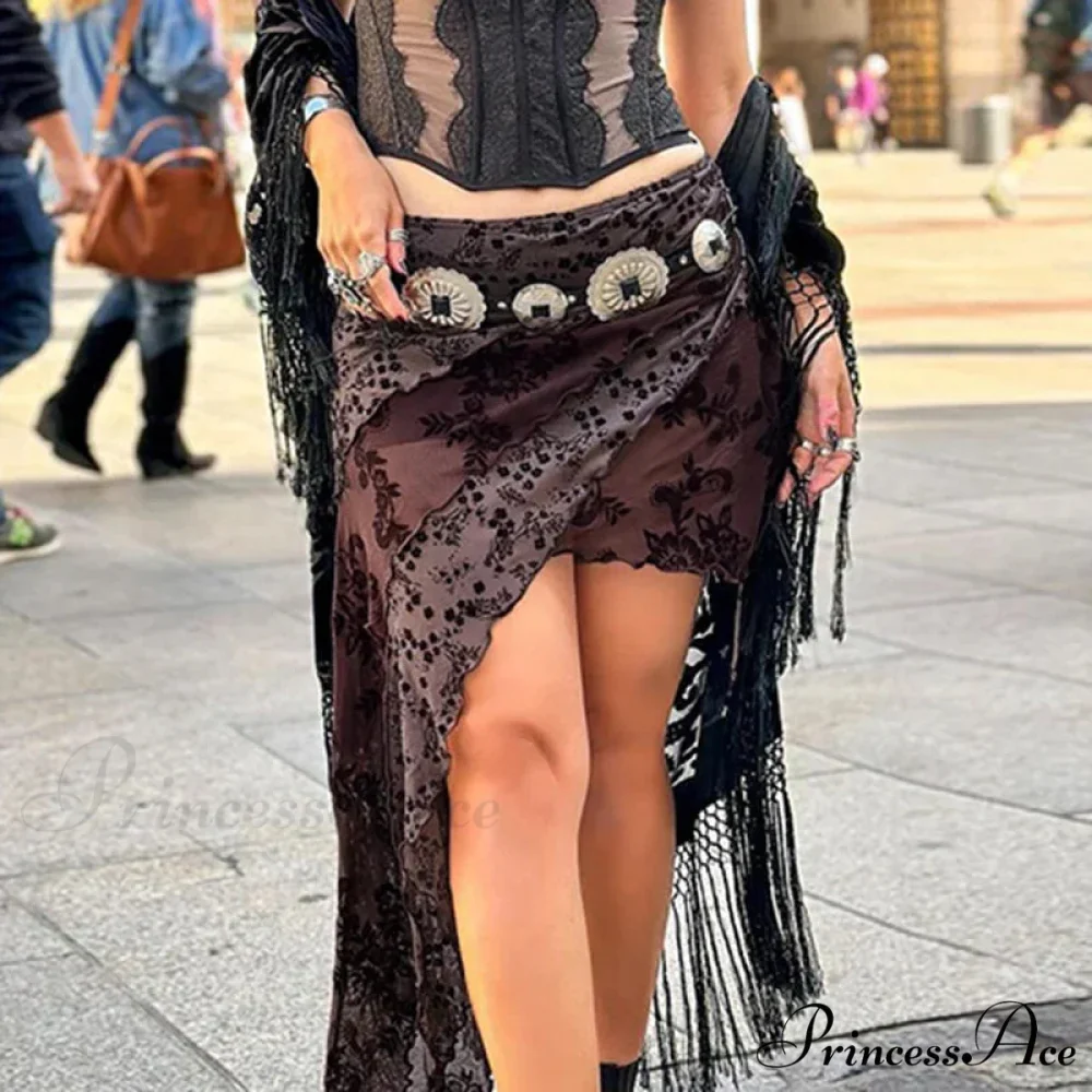Unpredictable Printed Mesh Shirring Skirt Grunge Enchanted Skirt - Image 3