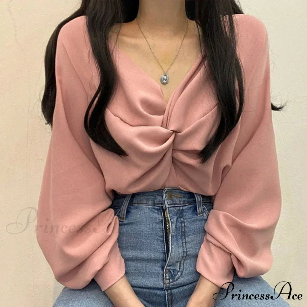 V-neck Coiled Lantern Sleeve Solid Informal Blouse - Image 2