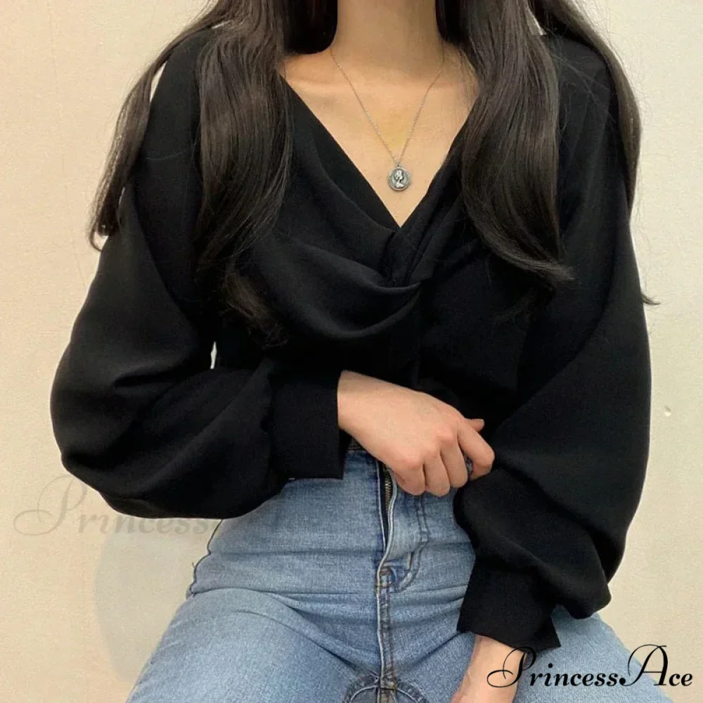 V-neck Coiled Lantern Sleeve Solid Informal Blouse - Image 3