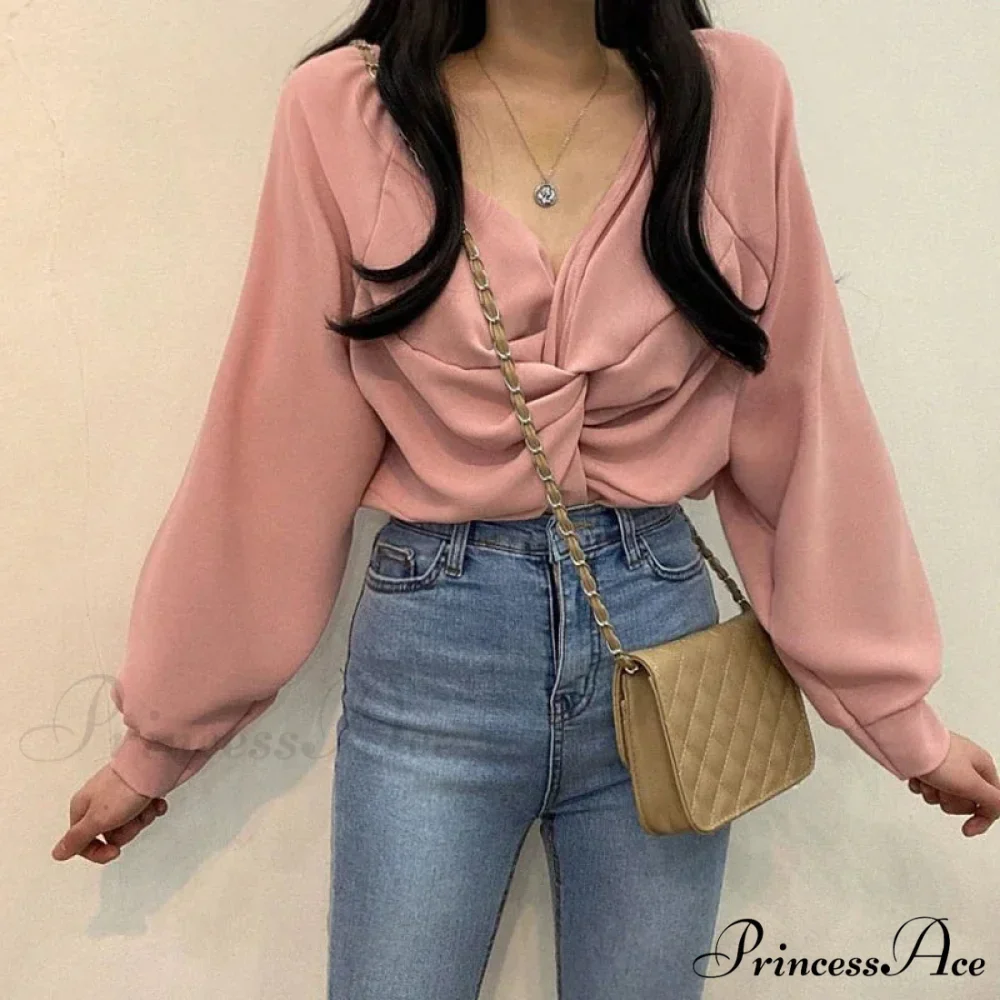 V-neck Coiled Lantern Sleeve Solid Informal Blouse - Image 4