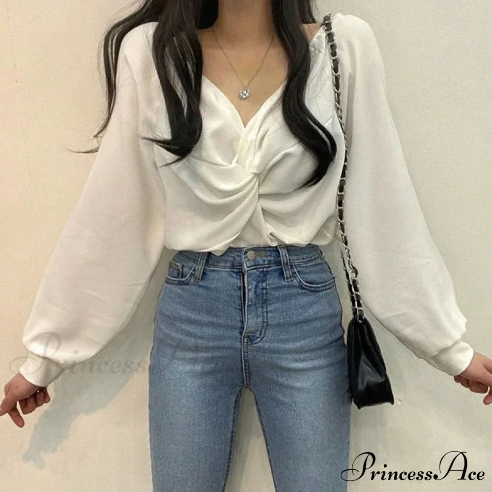 V-neck Coiled Lantern Sleeve Solid Informal Blouse - Image 5