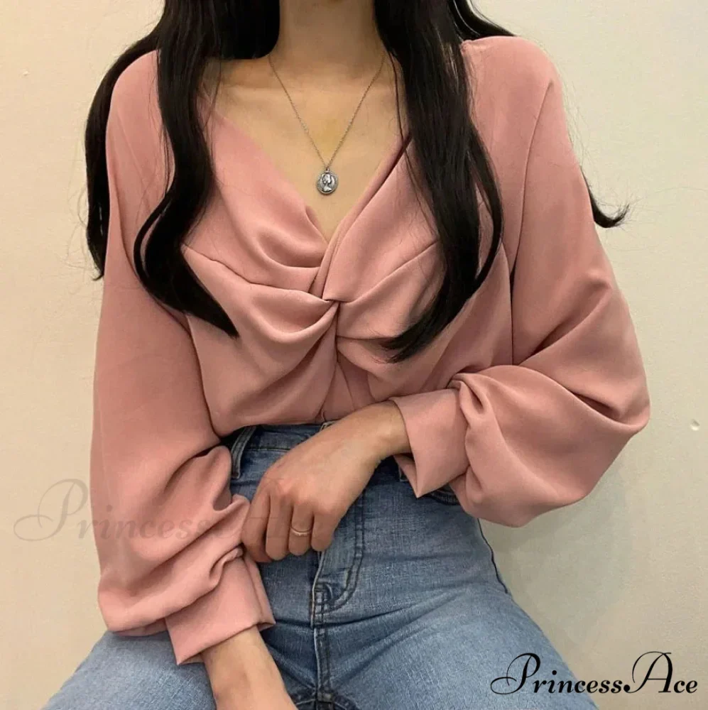 V-neck Coiled Lantern Sleeve Solid Informal Blouse - Image 6