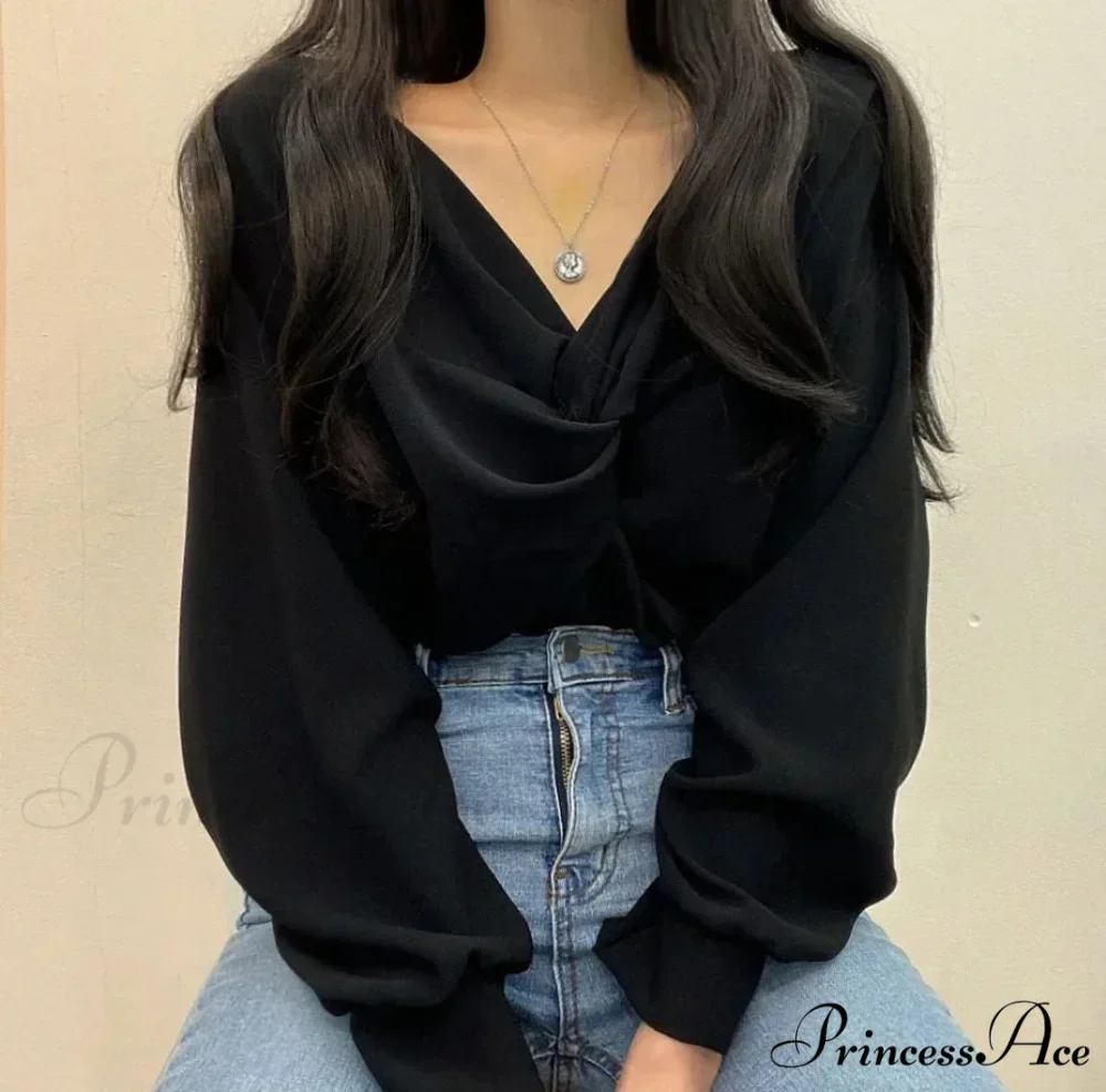 V-neck Coiled Lantern Sleeve Solid Informal Blouse - Image 7