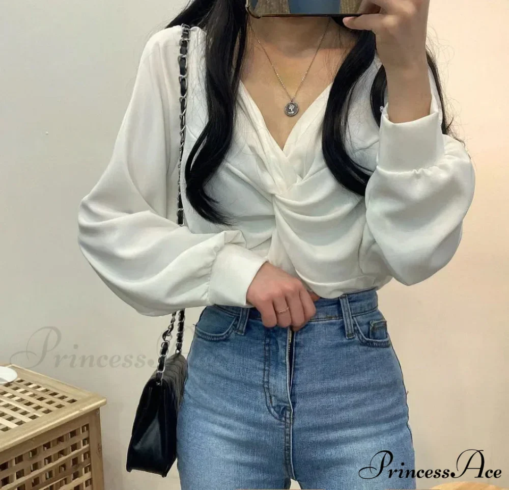 V-neck Coiled Lantern Sleeve Solid Informal Blouse - Image 8