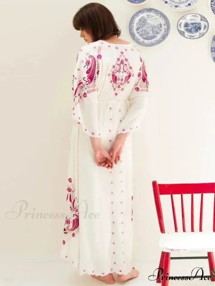 V Neck Embroidered Baggy Informal Cotton Boho Dress - Image 2