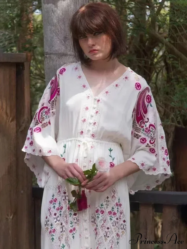V Neck Embroidered Baggy Informal Cotton Boho Dress - Image 4