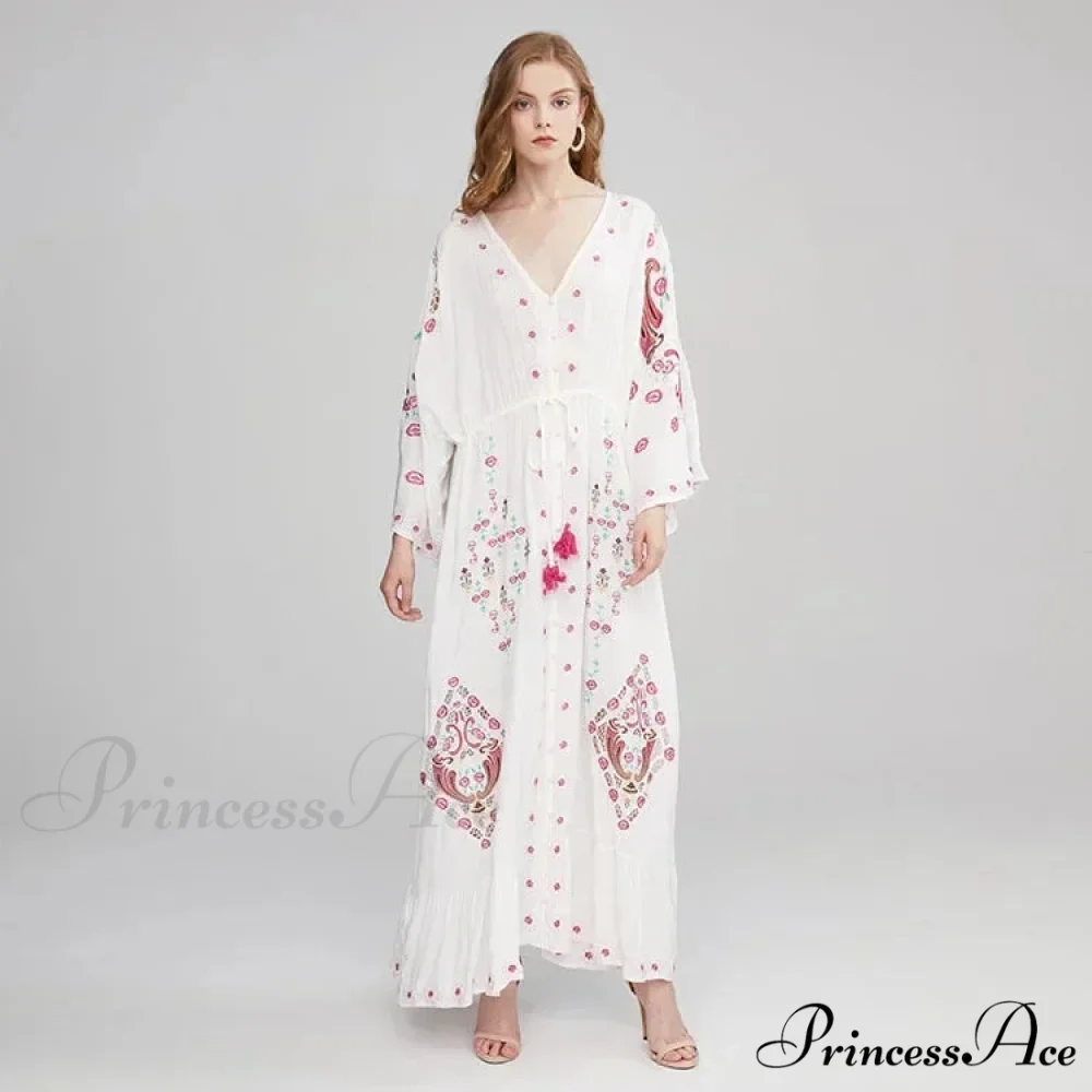 V Neck Embroidered Baggy Informal Cotton Boho Dress - Image 5